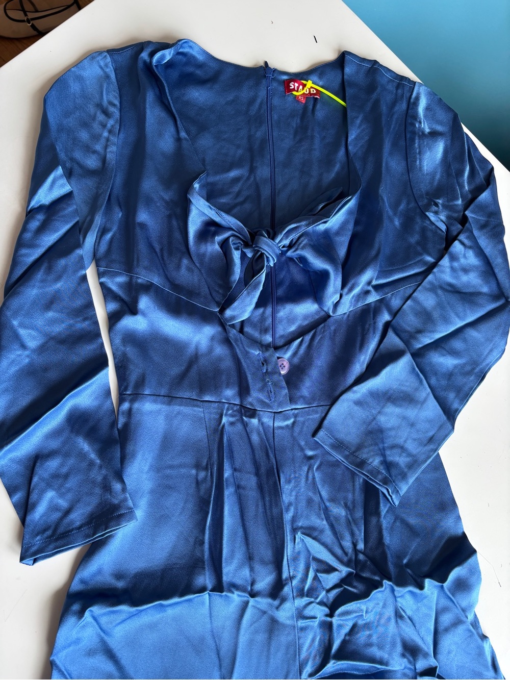 STAUD Satin Blue Long-Sleeve Tie-Front Dress